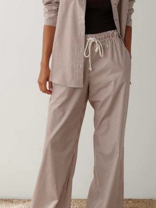 DONNI. Pants - DONNI. Taupe and White Pinstripe Wide-Leg Drawstring Pants